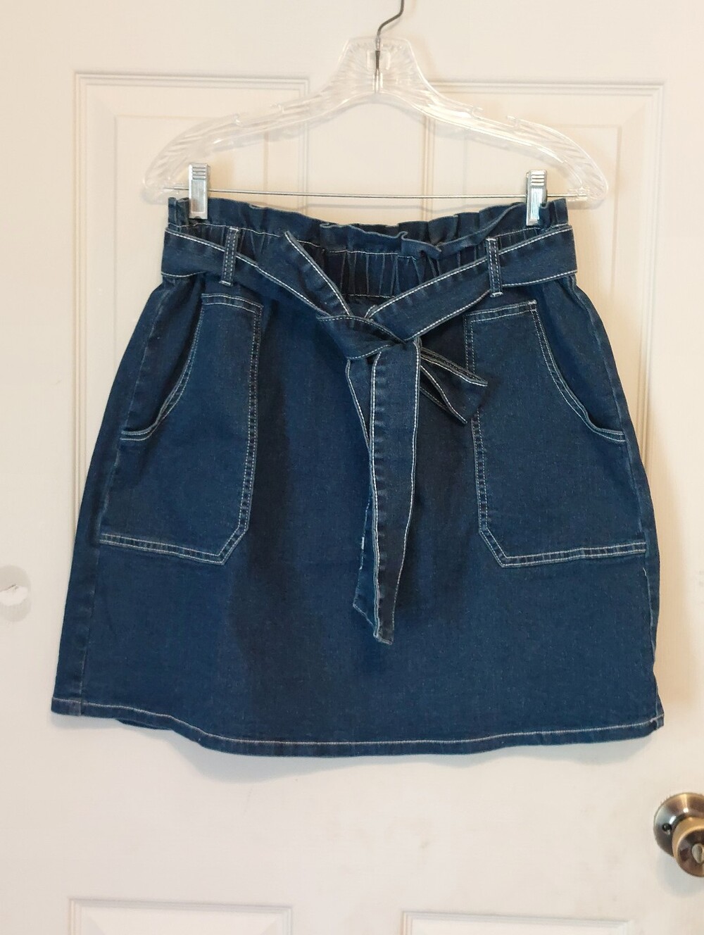 Kancy Kole Size XL Belted Paperbag Waist Blue Denim Jean Skirt